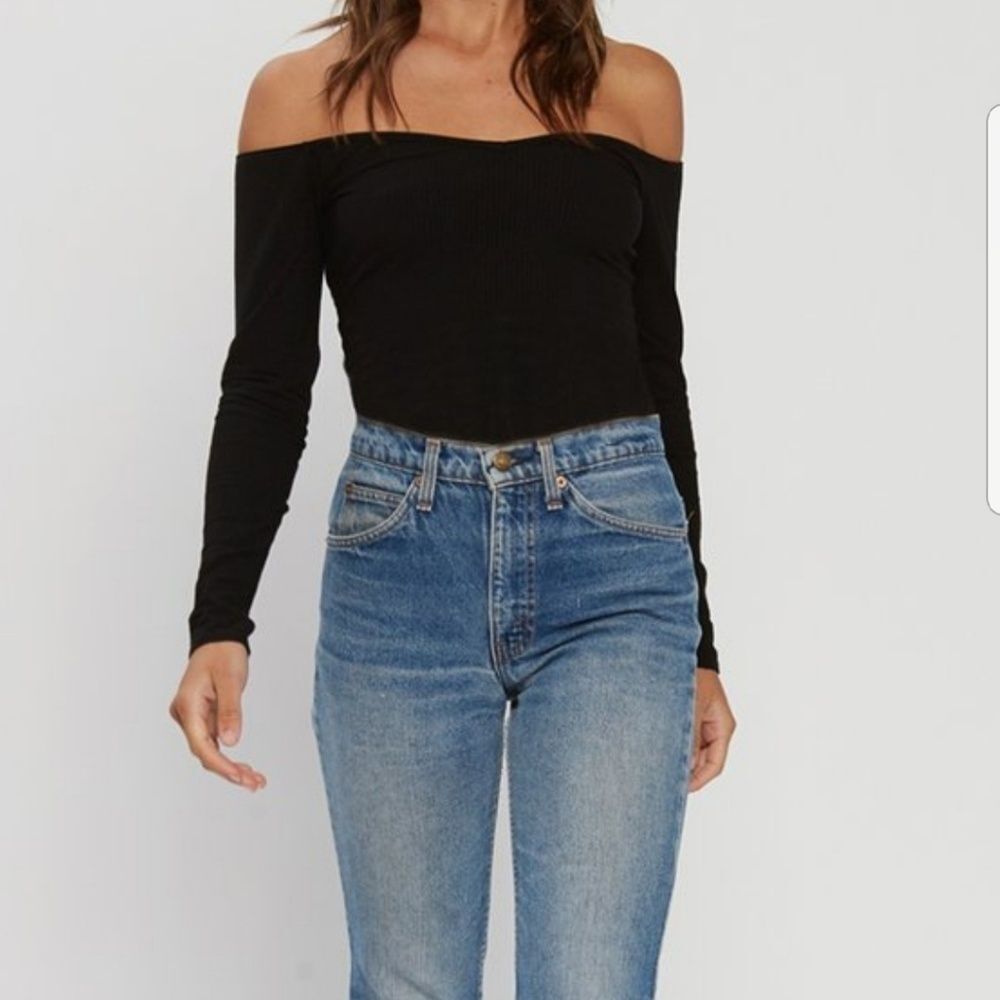 Flynn Skye Black Ribbed Off Shoulder Crop Top Long Sleeve Size S